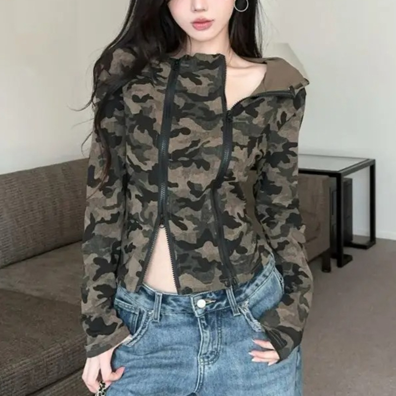 Women'S Fashion Zip Hoodie - Women Camo Zip-up Hoodie Cropped Fit