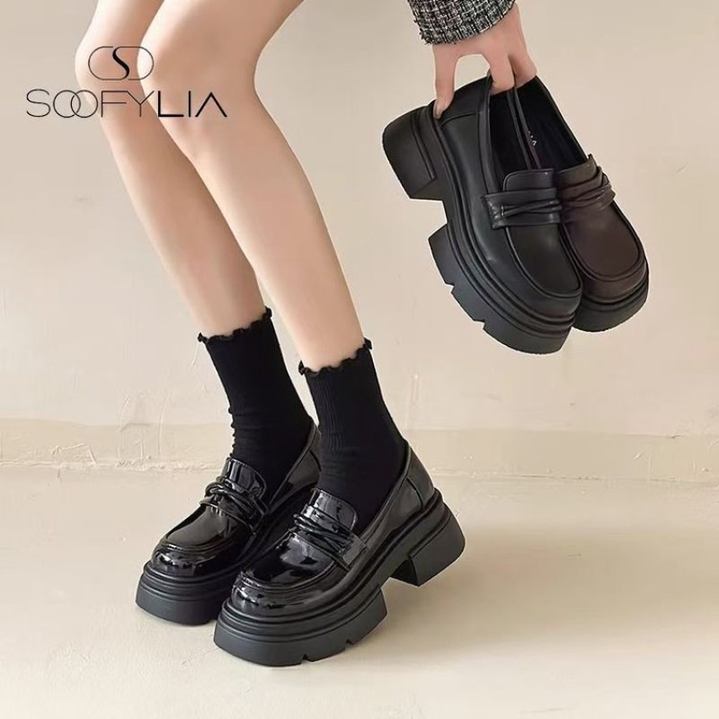Women Fashion Heels - Women's Black Chunky Platform Loafers Slip